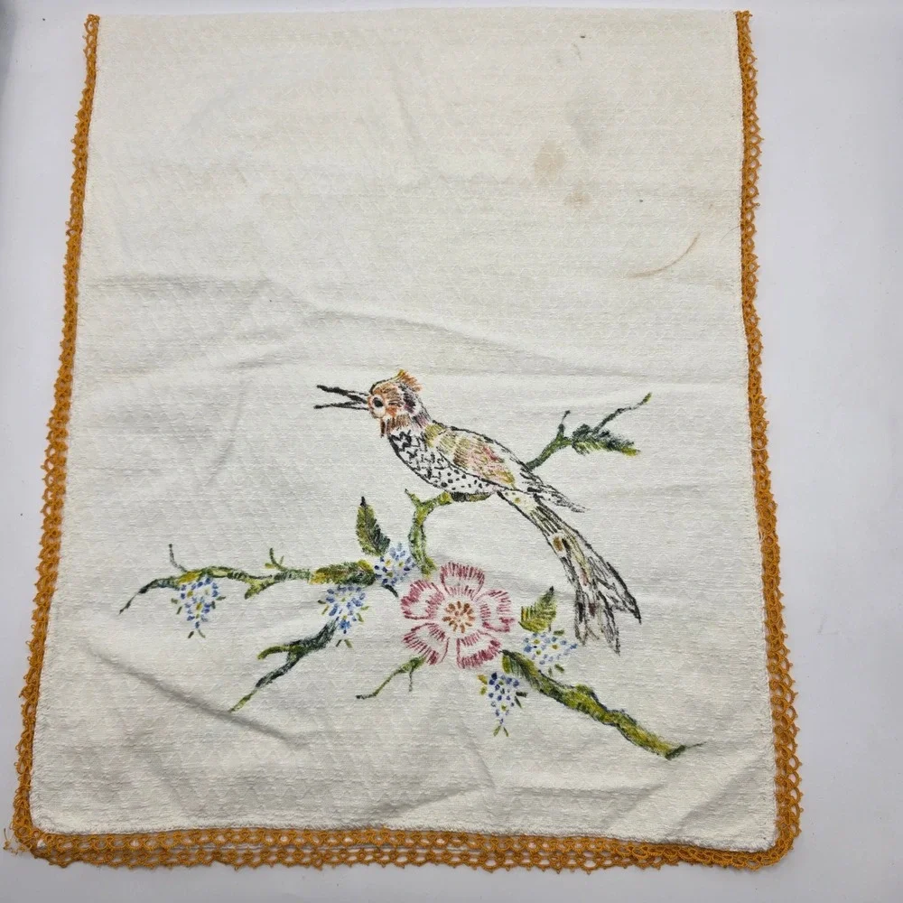 Handmade Dresser Scarf Runner White Hand Painted Bird Floral Lace Vintage Decor